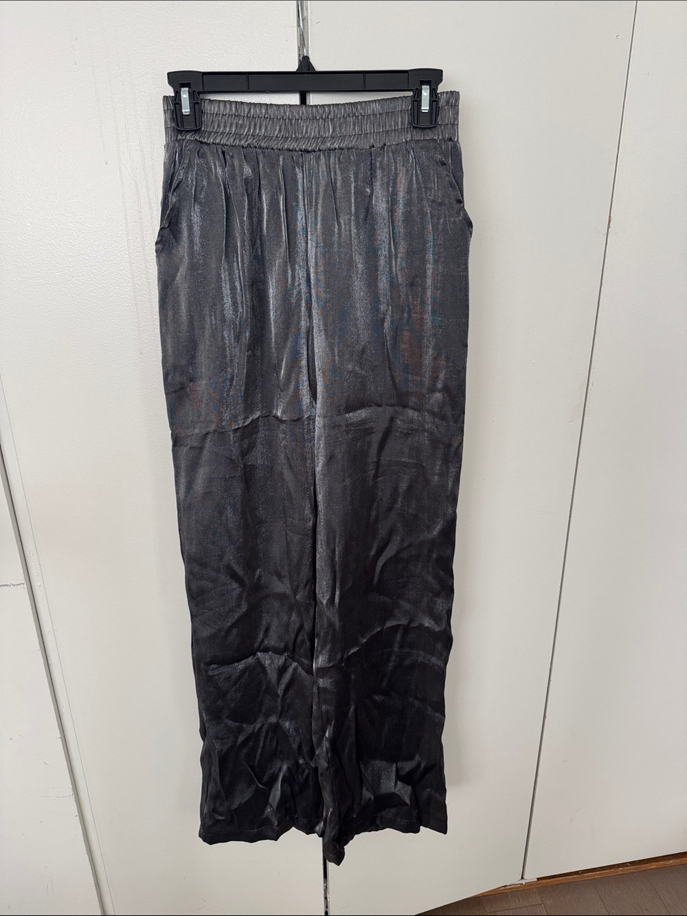 Flowy Silver Satin Pull-On Pants